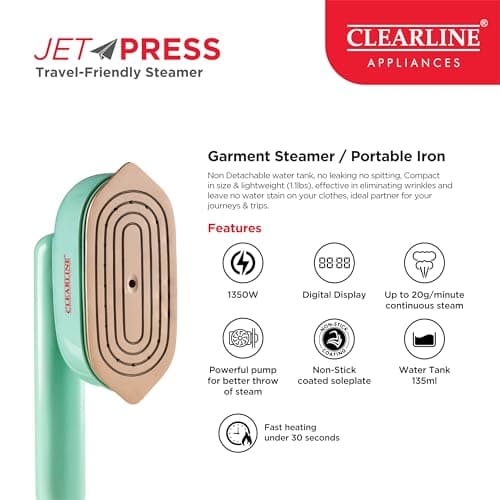 Clearline Jet Press 2-in-1 Portable cum Travel Iron & Fabric Steamer | 1350W Quick Heat-Up | Digital Display | Non-Stick Soleplate | Compact & Lightweight | Ideal for Travel & Daily Use 5