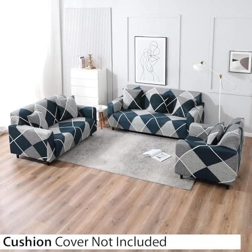 B BESTILO 1 Seater Universal Polyester Blend & Spandex Sofa Cover Big Elasticity Cover for Couch, Flexible Stretch Sofa Cover | Imported Slipcover | (Blue Rhombus, Single Seater (90-145cm)) 2
