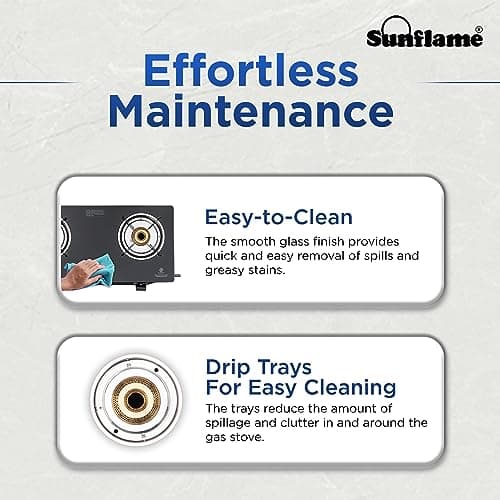 Sunflame Pride 2 Burner Gas Stove 60 cm Wide | 1 Medium and 1 Small Brass Burners | 2-Years Product Coverage by Sunflame | Ergonomic Knobs | Easy to Maintain | Toughened Glass Top | Black 5