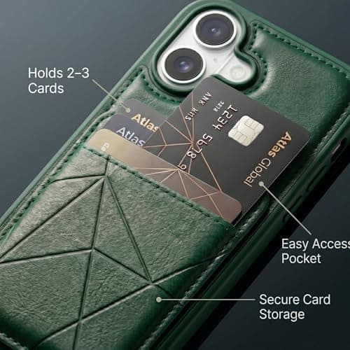 amazon basics Premium Vegan Leather Back Cover with Card Holder and Integrated Mobile Stand for iPhone 17 – Slim Shockproof Wallet Case with Geometric Stitching [Green] 3