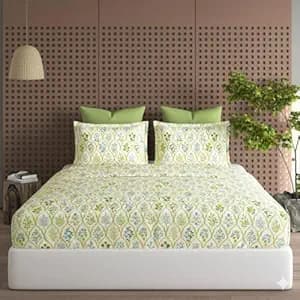 DECOMIZER Cotton Feel All Around Elastic Fitted Glace Printed King Size Double Bed Bedsheet with 2 Large Pillow Covers Fits Upto Mattress of 8 Inches,Size - 72 x 78 x 10 Inches, Yellow Jaipuri