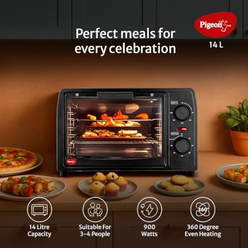 Pigeon Oven Toaster Grill 14 Liters OTG| 900 Watts| Toast, Grill, Bake & Roast | Heat Resistant Tempered Glass| Black 2
