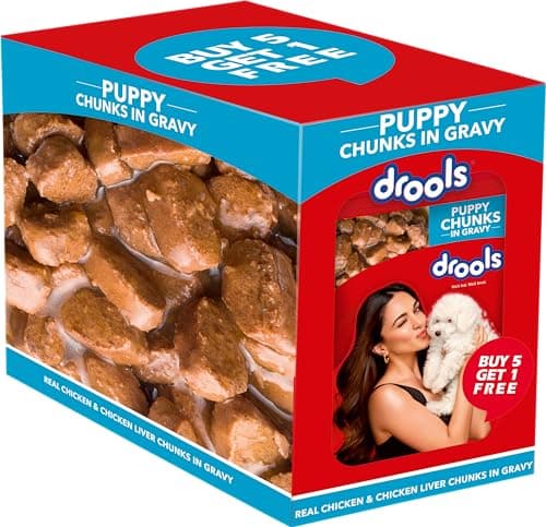Drools Puppy Wet Dog Food 0.9kg (150g x 6 Packs) | Real Chicken & Chicken Liver Chunks in Gravy | Better Digestibility & Overall Health | Supports Healthy Skin & Coat | Maintains Joint Health