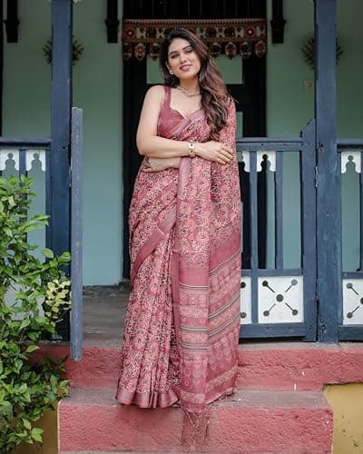 Kaugalian store Linen Cotton Traditional Printed Maroon Saree For Women With Unstitched Blouse Piece 3