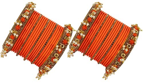 NMII Metal with Base Metal and Studded with Zircon Gemstone and Pearl linked Latkan Pattern Chuda set for Women/Girls, (Orange_2.6 Inches), Pack Of 42 Bangles 3