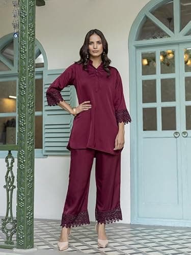 TITTLI Women's Satin Fabric Tunic & Trouser Co-Ord Set (Maroon, L) 4