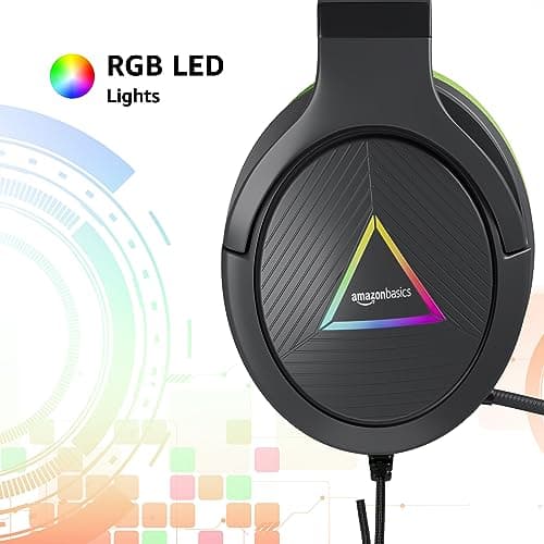 amazon basics 7.1 USB Gaming Wired Over Ear Headphones with Mic | Virtual Surround Sound | 50mm Driver | RGB LEDs (Black - Green) 2
