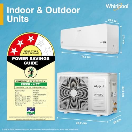 Whirlpool 1.0 Ton 3 Star, New star rated, Magicool Inverter Split AC (MAGICOOL 10T 3S INV CNV S6K1PP0, Copper, Convertible 4-in-1 Cooling Mode, HD Filter White) 2