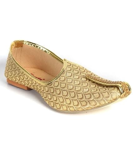 AJANTA Men’s Gold Ethnic Mojaris | Pointed Toe Slip-On Traditional Footwear for Men | Textured Synthetic Upper with Comfort Insole & Rubber Sole, Sandal for Men (Size-7) 5
