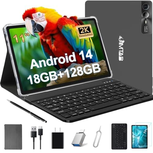 JIMTAB Vivid 2K Tablet, Smooth HD Video 4K 11" Android 14 Tablets, 18GB + 128GB Octa Core Gaming Tablet, 3 Cameras, Large 9000mAh, Hi-Res Stereo 4 Speakers, Screen