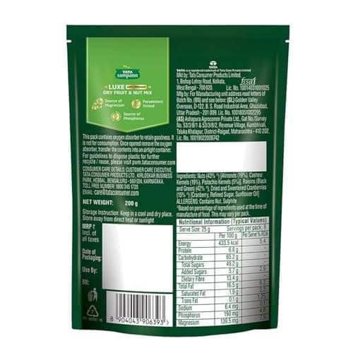 Tata Sampann Luxe Dry Fruit & Nut Mix, 200g, Source of Protein, Magnesium & Phosphorus, Rich in Dietary Fiber, Flavourful & Crunchy Snack, Almonds, Cashews, Green Raisins, Black Raisins, Pistachios, & 3