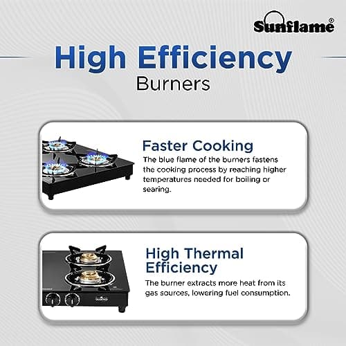 Sunflame Diamond 4 Burner Gas Stove | 2 Medium and 2 Small Brass Burners | 2-Years Product Coverage by Sunflame | Ergonomic Knobs | Toughened Glass Top | Easy to Maintain| PAN India Support 3