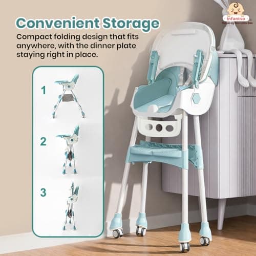 Infantso Feed-X (5-in-1) Baby High Chair/Baby Feeding Chair with Foot Support for 0 to 5 Years Baby, High/Feeding Chair Foldable, Height Adjustable, Safety Harness, Wheels, Cushion, Portable Chair 5