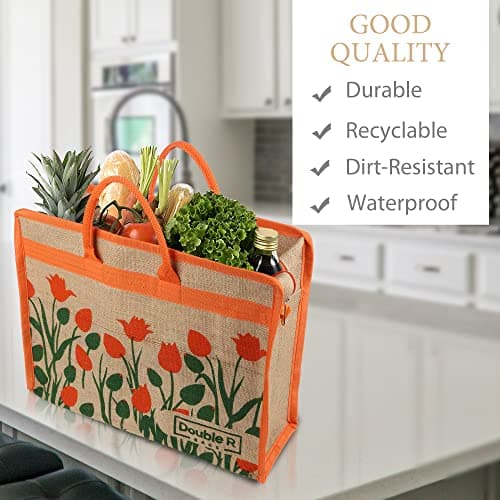 DOUBLE R BAGS Jute Eco-Friendly Tote Bag: Stylish, Spacious, and Sustainable - Perfect for Everyday Errands and Adventures! (Orange, Pack of 3) 5