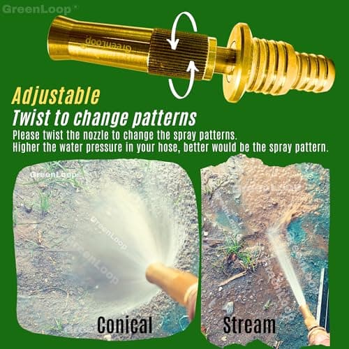 GreenLoop Solid BRASS Water Spray 2-in-1 Nozzle, DUAL PURPOSE, Fits all 3/4" and 1/2" hoses of all thickness, Adjustable Water Jet Spray Gun, High Pressure washing, 2-in-1 Nozzle+Clamps 3