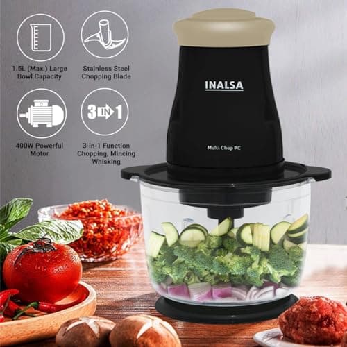 INALSA Electric Chopper for Kitchen &Meat Grinder|1.5 LCapacity|Unbreakable Bowl|400W Motor|Stainless Steel Double Layer Chopping Blade & Whisking Blade|Chop,Mince&Whisk|2 Yr Warranty(Multi Chop PC) 5