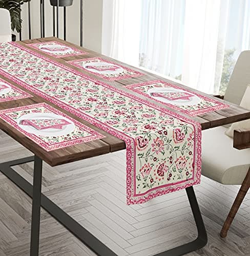 BLOCKS OF INDIA Hand Block Printed Cotton Table Runner, Mat and Napkin Set for Center/Dining Table (Pink Jaal), Large