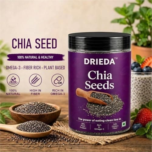 DRIEDA Chia Seeds | 100% Natural & Raw chia Seeds | Rich in Omega-3, Fiber & Plant Protein | Weight Loss, Detox & Healthy Diet | Superfood for Smoothies, Juice & Breakfast (Jar Pack) 5