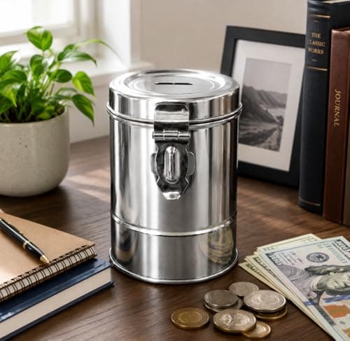 ALLISABLE Stainless Steel Money Box with Coin Slot Lid and Locking Clasp, Silver, Cylindrical Piggy Bank Pack of 1 10 * 14cm 3