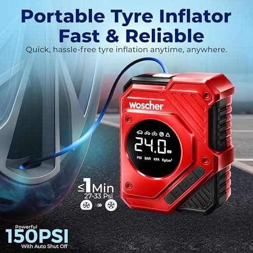 Woscherr Tornado Digital Tyre Inflator for Car and Bike, Air Pump for Car Tyre, 150 PSI 12V DC Car Inflator with Digital Pressure Gauge, LED Light | Tyre Inflator Kit | 1+1 Year Warranty 3