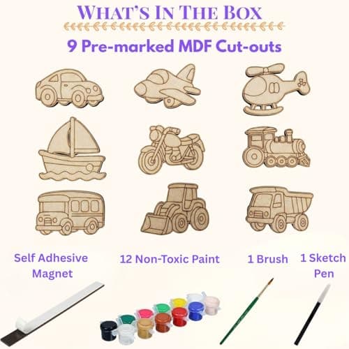 ImagiVibe Paint Your Own 9 Transport Vehicles Fridge Magnet DIY Kit for Kids | Transport Theme MDF Painting Craft Set | Creative Art & Craft Activity | Made in India (Transport) 2