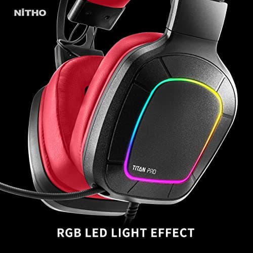 Nitho Titan PRO 7.1 Surround Gaming Headset with Cardioid Microphone for PS5, PS4, PC, Laptop, Over-Ear Stereo Wired Gaming Headphones with RGB LED Light, 3.5 mm Audio Jack, 50 mm Drivers - Red 5