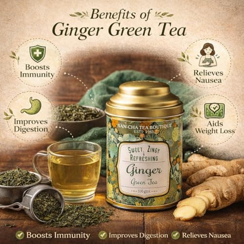 Sancha Tea Boutique, Ginger Green Tea, 100g Loose Leaves, Real Adrak Chai, Spiced Wellness Blend, Low Bitterness, Premium Green Tea India 5