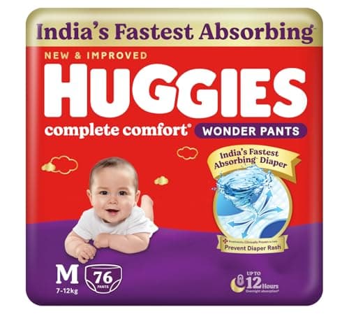 Huggies Complete Comfort Wonder Pants | Pant Style Baby Diapers Medium Size (M), 76 Count | India's Fastest Absorbing Diaper, Prevents Diaper Rash, Ideal for 7 to 12 Kgs