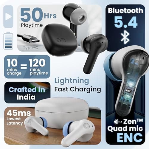 GOBOULT Made in India K10 Ear Buds Wireless with 50H Playtime, 4 Mics Clear Calling, 45ms Low Latency Gaming, IPX5, 10mm Bass Drivers Earbuds Bluetooth Wireless Earphones(Pure Black) 2