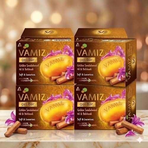 VAMIZ Golden Sandalwood & Patchouli Gel Bar Soap – Luxury Moisturizing Bath Soap for Men & Women, Soft Smooth Skin, Long Lasting Fragrance, Nourishing Cleansing Bar (pack of 4)
