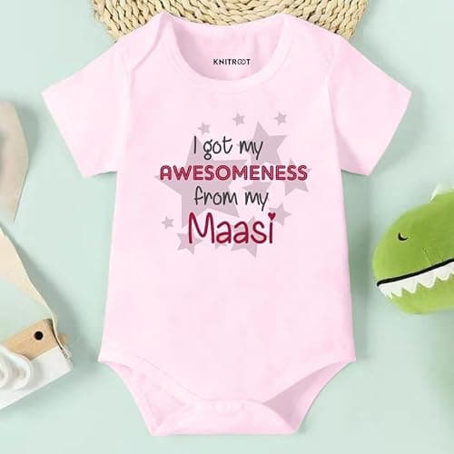 KNITROOT Maasi Family Special Onesies, Unisex Baby Kids Cotton Lycra Envelope Neck Half Sleeve Pink Romper, Bodysuit, Sleepsuit, I Got My Awesomeness From My Maasi, 0-3 Months for Boys & Girls 3