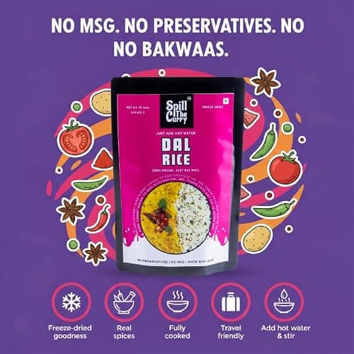 SPILL THE CURRY Dal Rice Ready to Eat | Authentic Dal Chawal Indian Comfort Meal | Freeze-Dried Instant Food with Pure Ghee | Heat & Eat Veg Meal for Travel & Hostel | Pack of 1 (70g) 5