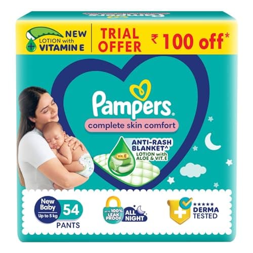 Pampers Complete Skin Comfort Pants,(NB/XS), 54 Count, Anti-rash blanket, Lotion with Vitamin E & Aloe Vera, New Born/X-Small, Upto 5kg