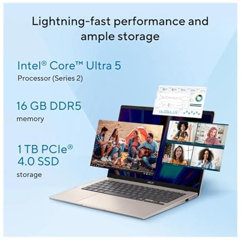 ASUS Vivobook 14 (2026),Intel Core Ultra 5 225H, Intel iGPU,16GB RAM,1TB SSD,FHD+, 14"(35.5 cm),Windows 11,M365 Basic(1 Year)* Office 2024, Platinum Gold, 1.46 Kg, X1407CA-LY1581WS,Thin & Light Laptop 3