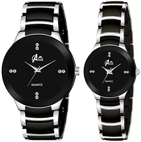 Acnos Premium Plated Full Dial Couple Analog Watches For Men And Women (Black Silver) Pack Of 2 - Stainless Steel