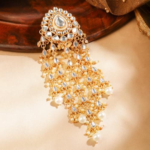 Rubans 18K Gold-Plated Kundan & Pearl Beads Studded Teardrop Motif Multilayer Hair Accessory for Women & Girls – Perfect for Bridal & Festive Looks 3