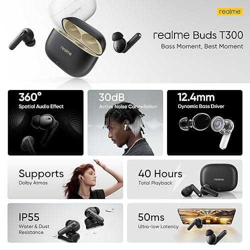 realme Buds T300 Truly Wireless in Ear Earbuds with 30dB ANC, 360° Spatial Audio Effect, 12.4mm Dynamic Bass Boost Driver with Dolby Atmos Support, Upto 40Hrs Battery and Fast Charging (Youth White) 2