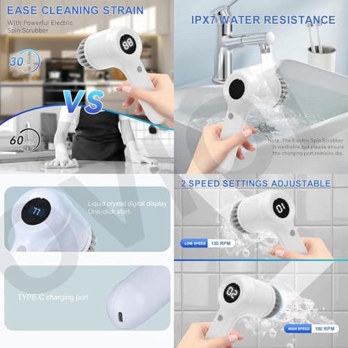 RXCINOZ 5 in 1 Electric Spin Scrubber Handheld Power with LED Display, 2-Speed Rechargeable Cleaning Brush, 1200mAh Battery & 5 Interchangeable Heads for Bathroom, Kitchen & Tile (5 in 1 Scrubber) 3