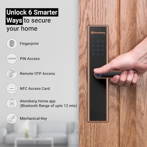 atomberg SL 1 Smart Door Lock | 6 Ways Unlocking | Fingerprint | PIN | OTP | NFC Card | Atomberg Home App (Data Stored in India)| Key | Free Installation | 2 Year Warranty by Atomberg (Rose Gold) 2