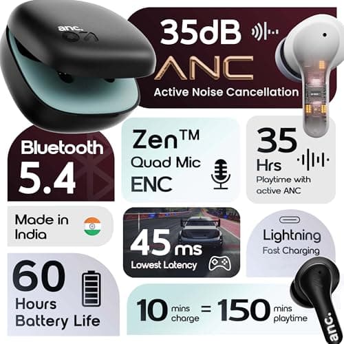 GOBOULT Klarity 4 ANC in-Ear Truly Wireless Earbuds 35dB Active Noise Cancellation, 60H Playtime, 4Mics Calling, 45ms Low Latency, 10mm Driver, Type-C Fast Charging(Electric White) (Jet Black) 2