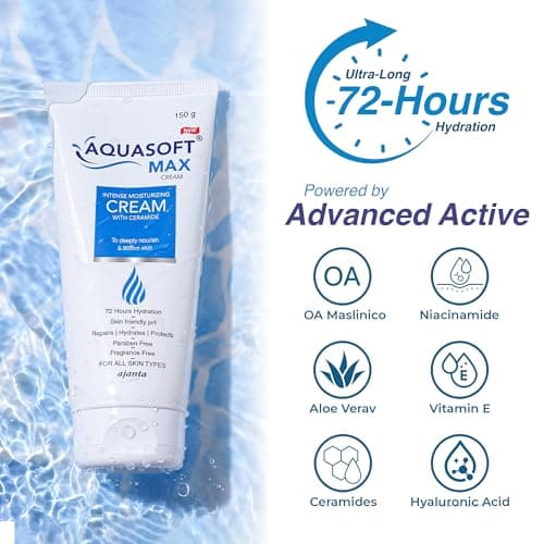 Aquasoft Max Cream 150gm with 6-Active Complex for intense hydration & barrier repair. Includes Niacinamide, Aloe Vera, Shea Butter & Vit E. Dermatologist-recommended for redness & chronic dry skin. 3