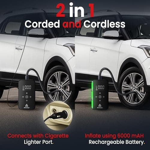 Autofy AirBit 2 Years WARRANT'Y Dual Power Mode Battery & Corded [22mm Cylinder Most Heavy Duty] 140PSI Car Tyre Inflator Pump - 90W Copper Motor - 4500mAh Mobile Power Bank - 4 Mins Fast Inflation 3