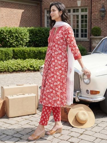 INDO ERA Women's Multi Pure Cotton Abstract Printed Flared Fusion Kurta & Pant Set 4