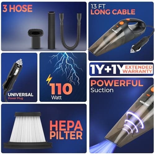 WOSCHER AutoVac Portable Car Vacuum Cleaner |110W | 5000PA Suction Power | Powerful Handheld Vacuums for Deep Cleaning Dirt, Dust, Pet Hair, Multipurpose Vacuum Cleaner with HEPA Filter | 12V | Black 2