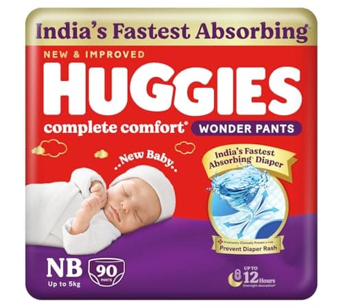 Huggies Complete Comfort Wonder Pants | Pant Style Baby Diapers Newborn Size (NB/XS), 90 Count | India's Fastest Absorbing Diaper, Prevents Diaper Rash, Ideal for 0-5 Kgs