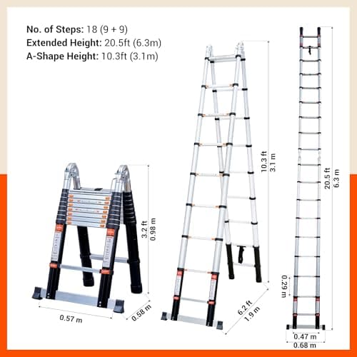 Bathla 20.5 ft A-Type Foldable Aluminium Telescopic Ladder with 18 Steps | Portable & Compact | 2-Year Warranty | Multi-Purpose Ladder for Home, Industrial & Outdoor Use 2