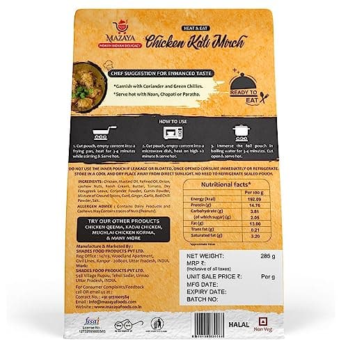 Mazaya Chicken Kali Mirch North Indian Style Delicious (Non - Veg, 285 g (Pack of 1)), Just Heat & Ready to Eat Food, No Preservatives, No Added Artificial - Colours, Flavours, Ready to Eat Meals, Rea 2