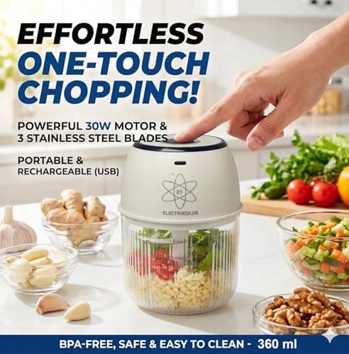 Electroculus Rechargeable mini electric chopper for kitchen,360 ml, Food Grade Bowl, Stainless Steel Blades, One Touch operation, Mincing Garlic, Ginger, Onion, Vegetable,Nuts(color-SMOKE WHITE) 2