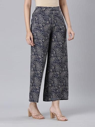 Go Colors Soft Viscose Printed Palazzo Full Length for Women| Breathable, Mid Rise, Beige_LPZ7_Blue_S 3