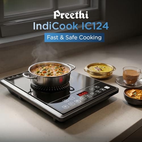 Preethi Indicook IC124 | 2100-Watt Induction Cooktop | Fast Gas-Free Cooking | No LPG Required | 3 Year Coil Warranty | Voltage surge protetion |Preset Indian Menus | Crystal Glass Plate | Black 2